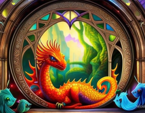 Baby Dragons Playing in Gothic Window, Digital Art