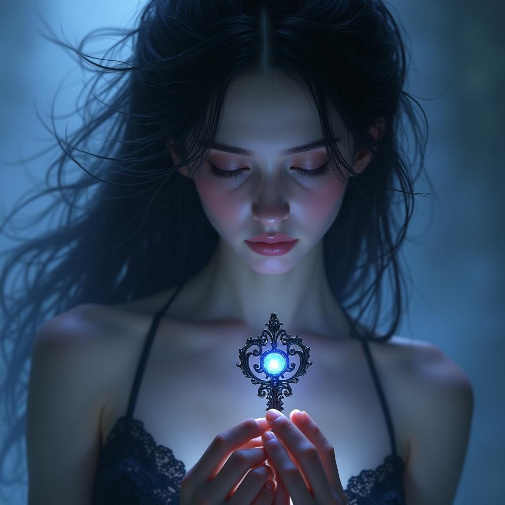 Mystical Woman with Ornate Key, Art Nouveau Style