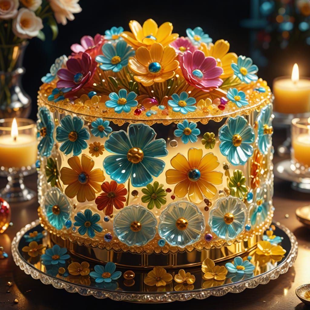 Glass Cake with Flowers: Hyperrealistic Digital Art