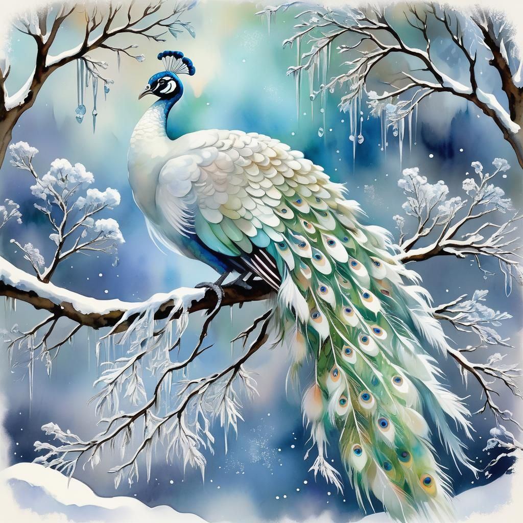 Icy White Peacock in Dreamy Victorian Gouache Style