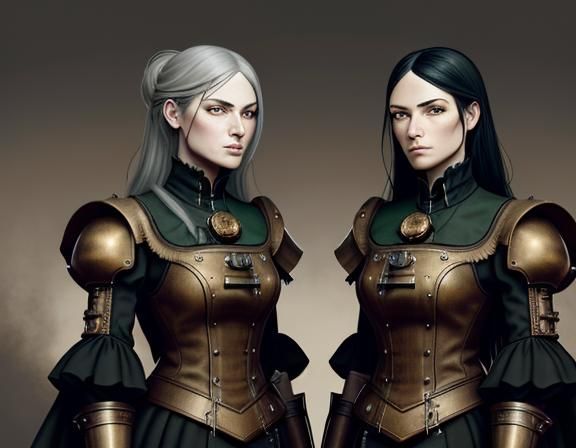 Steampunk Twins in Time Machine: Dark Fantasy Art
