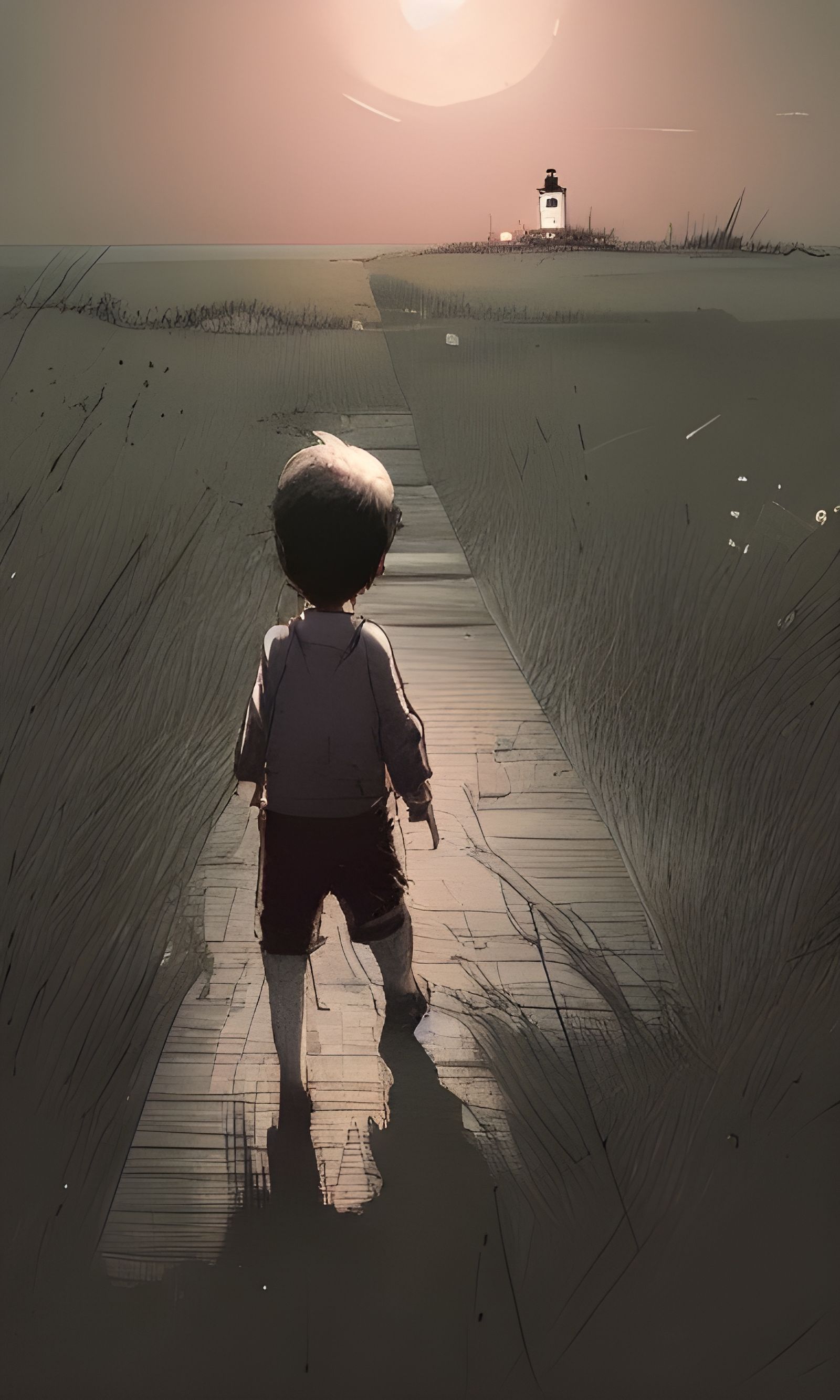 Boy Walks to Lighthouse at Night: Digital Illustration