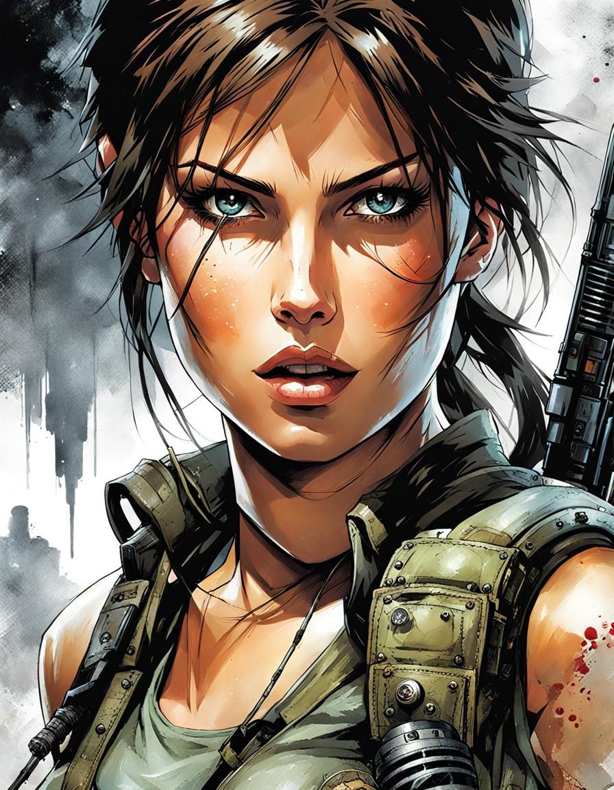 Detailed Zombiecore Manga Portrait of Lara Croft