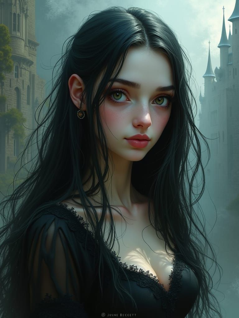 Gothic Beauty in Burton Gorey Style Digital Art