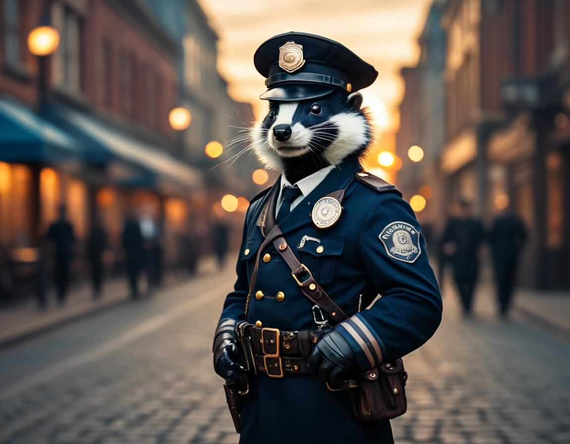 Steampunk Skunk Policeman in Twenties Street Scene