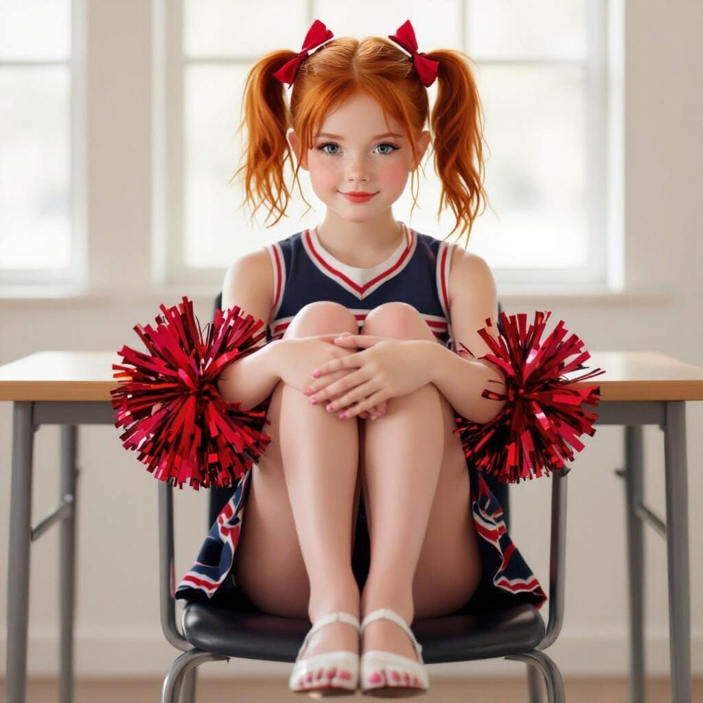Cheerleader with Pigtails and Pink Toenails at Desk