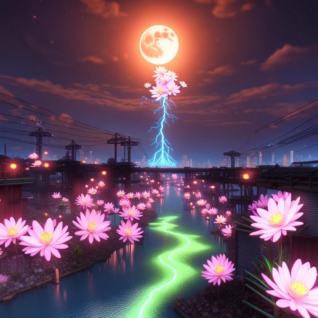 Nuclear Flowers Over Electrified River in HDR
