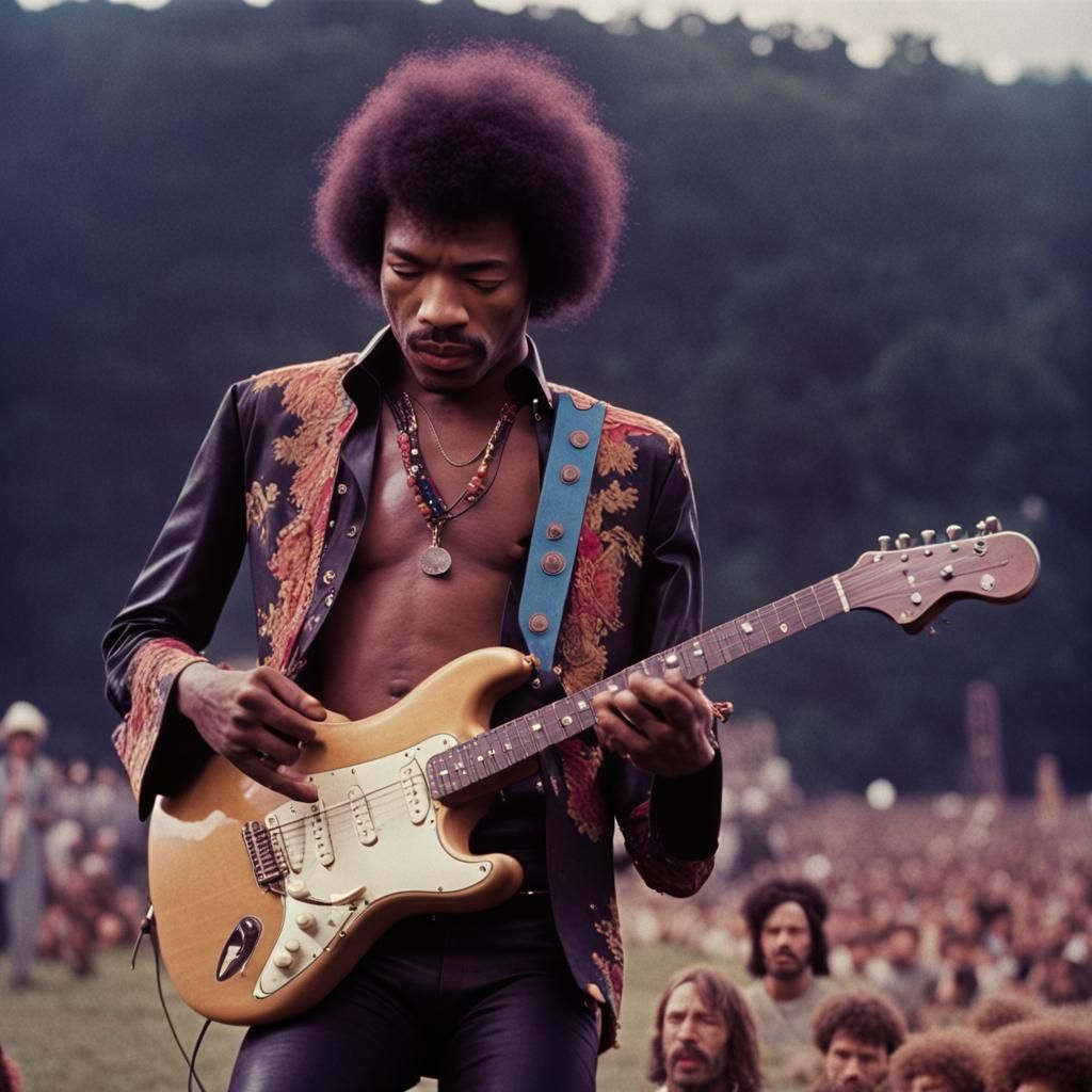 Jimi Hendrix Guitar Solo at Woodstock: Cinematic Film Still