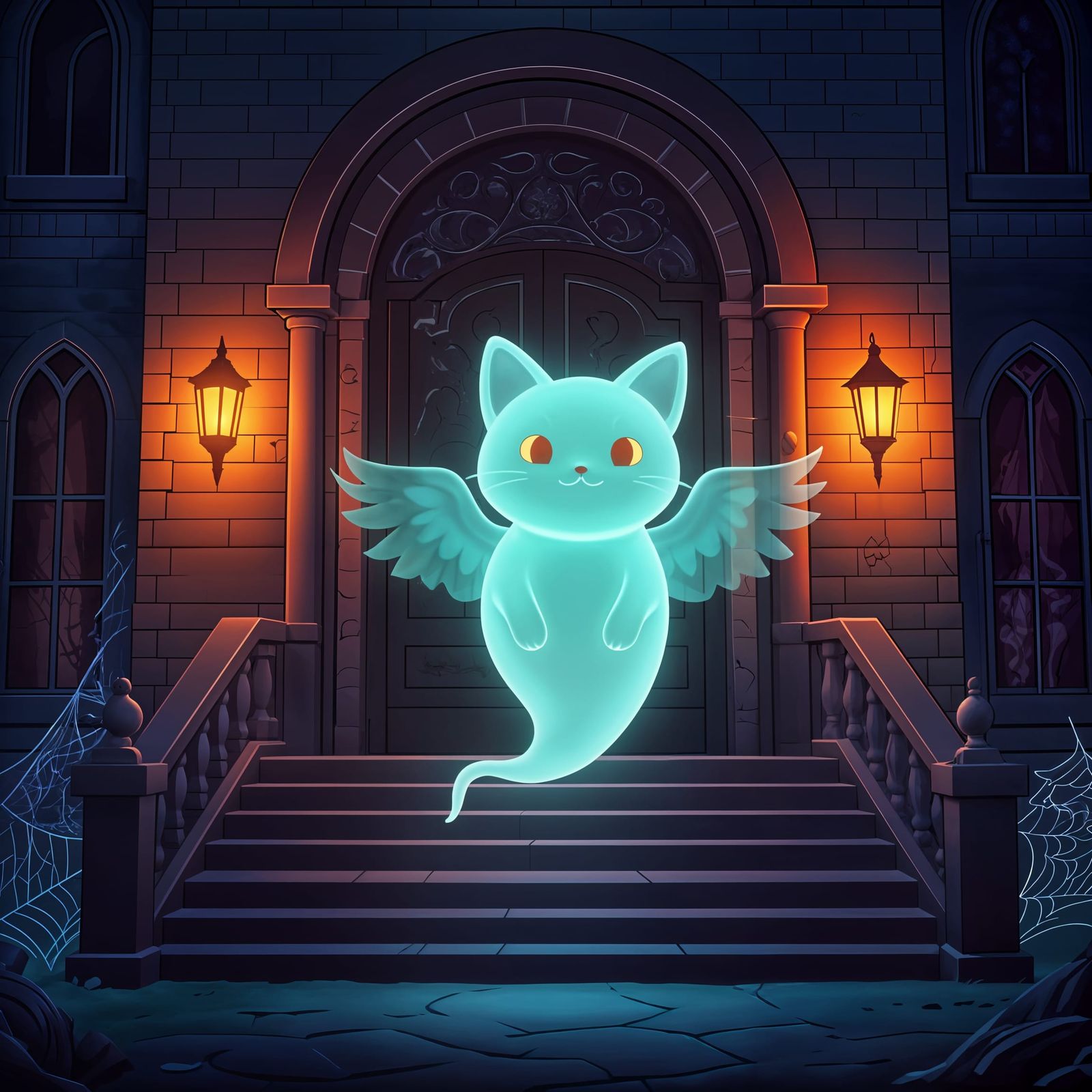 Cartoon Ghost Cat Haunts House: Anime Art