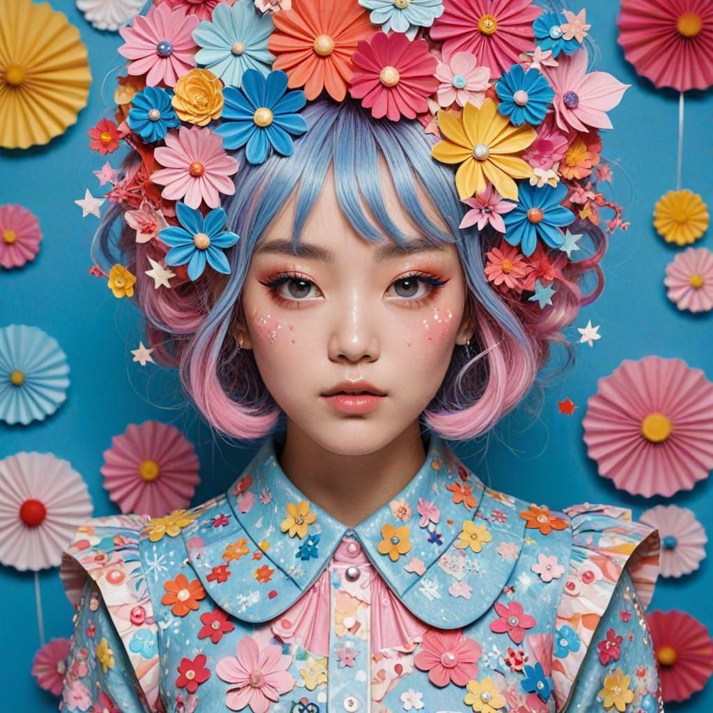 Vibrant Kawaii Girl Surrounded by Origami Delights