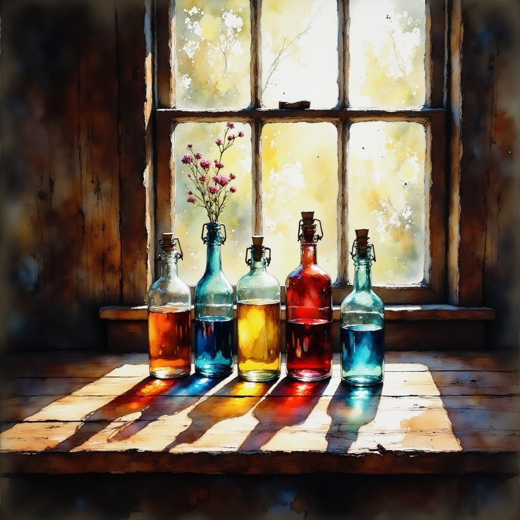 Rustic Still Life with Antique Bottles in Impressionist Styl...