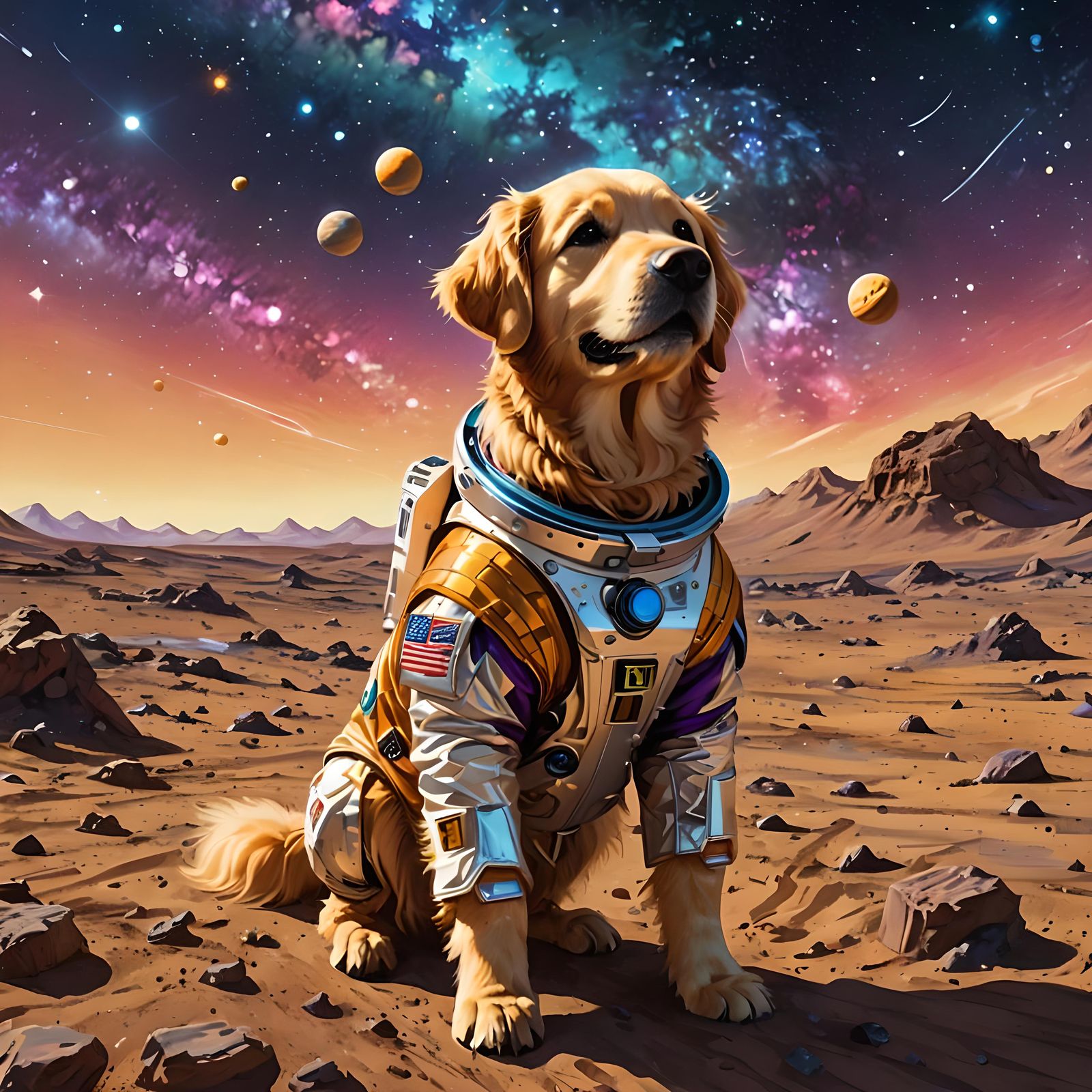 Golden Retriever Astronaut's Saturn Journey: Anime Style