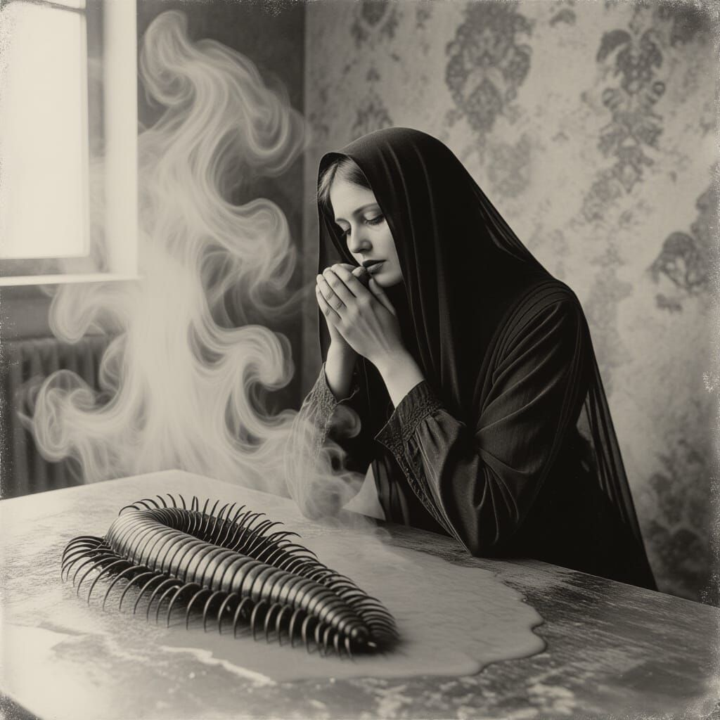 Eerie Photogravure of a Ghostly Figure in Grungy Interior