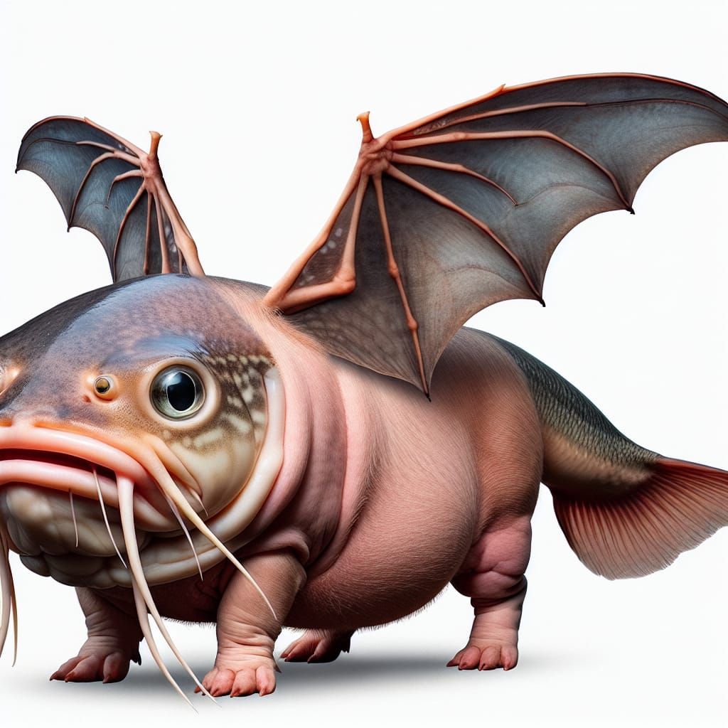 Hybrid Creature: Catfish Head, Pig Body, Bat Wings