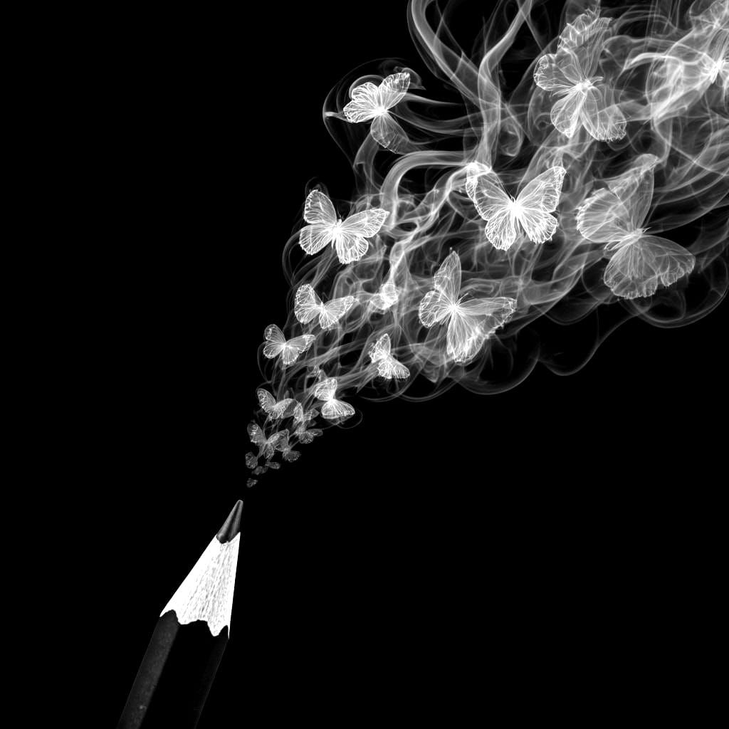 Smoke Butterflies Flowing from Pencil Tip in Black and White