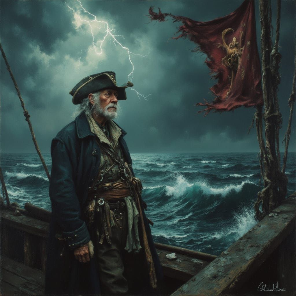 Pirate Captain Gazes at Stormy Sea in Chalk Art Style