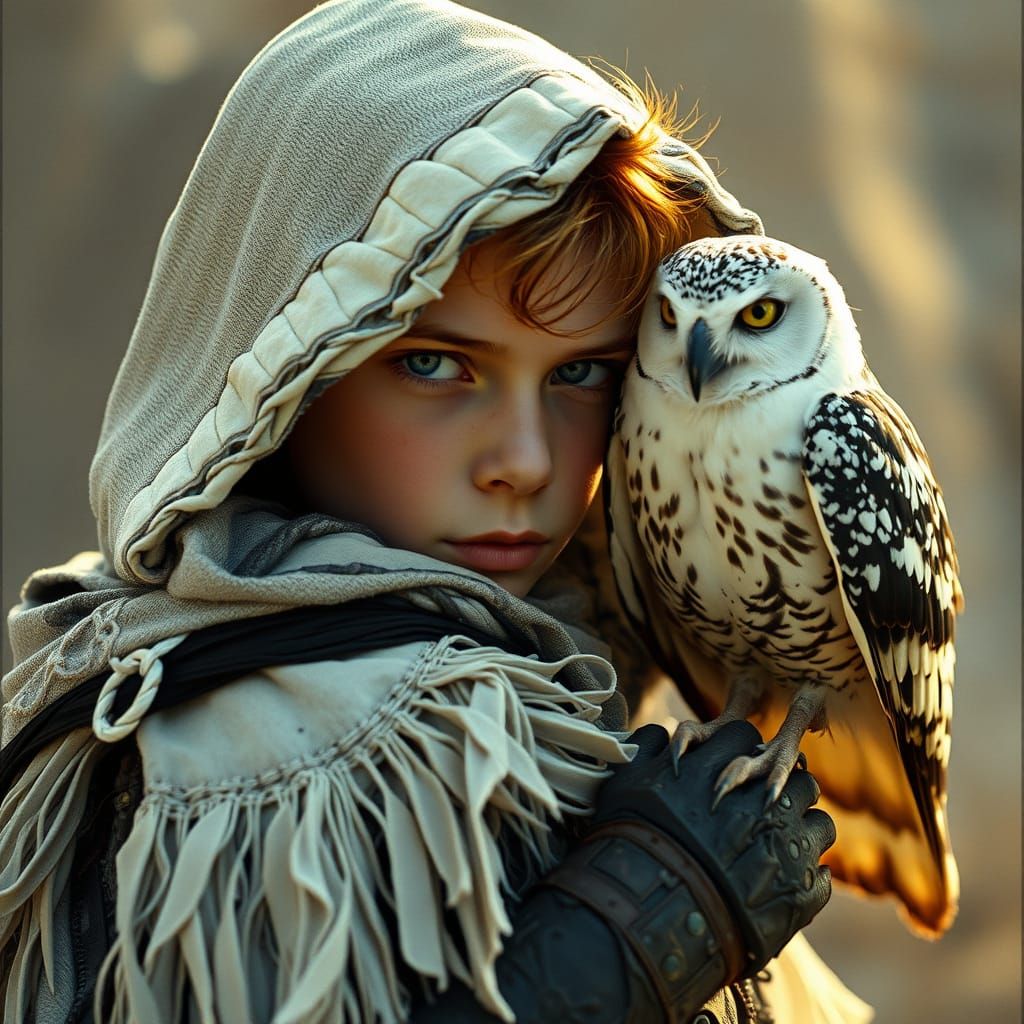 Ethereal Warrior with Owl-Hawk Companion in Cinematic Acryli...