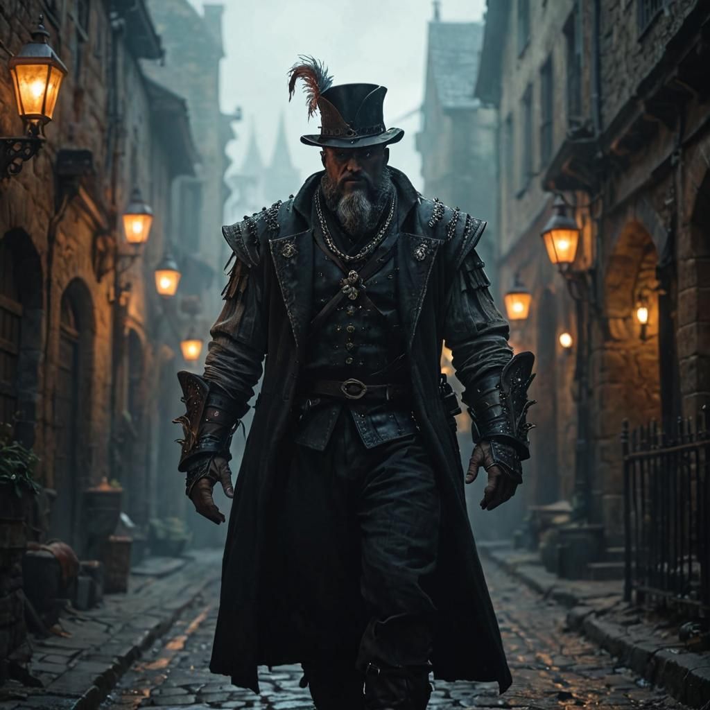 Grey Goliath in Medieval Alleyway: Dark Fantasy Art