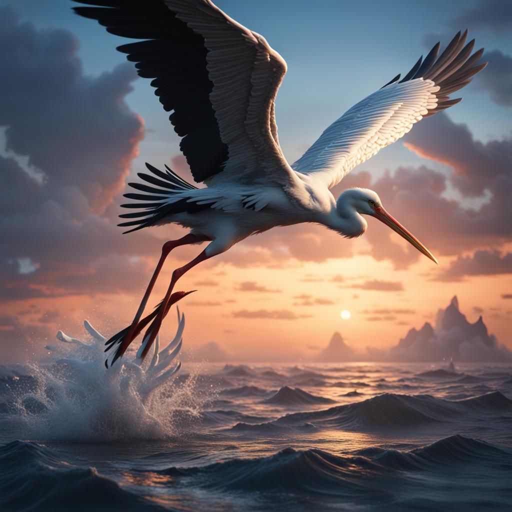 Stork's Dawn Flight: Detailed Fantasy Ocean Scene
