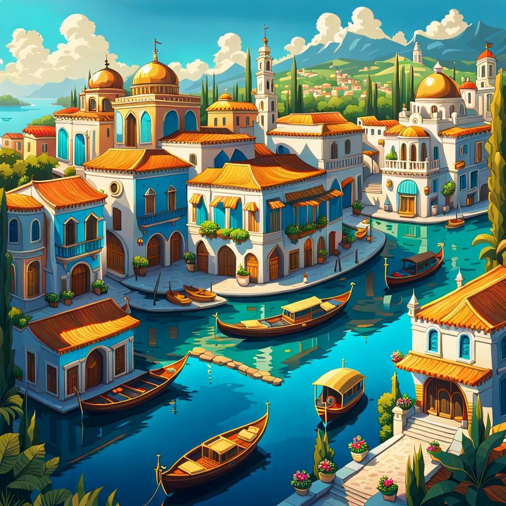 Futuristic Mediterranean Town with Water Canals