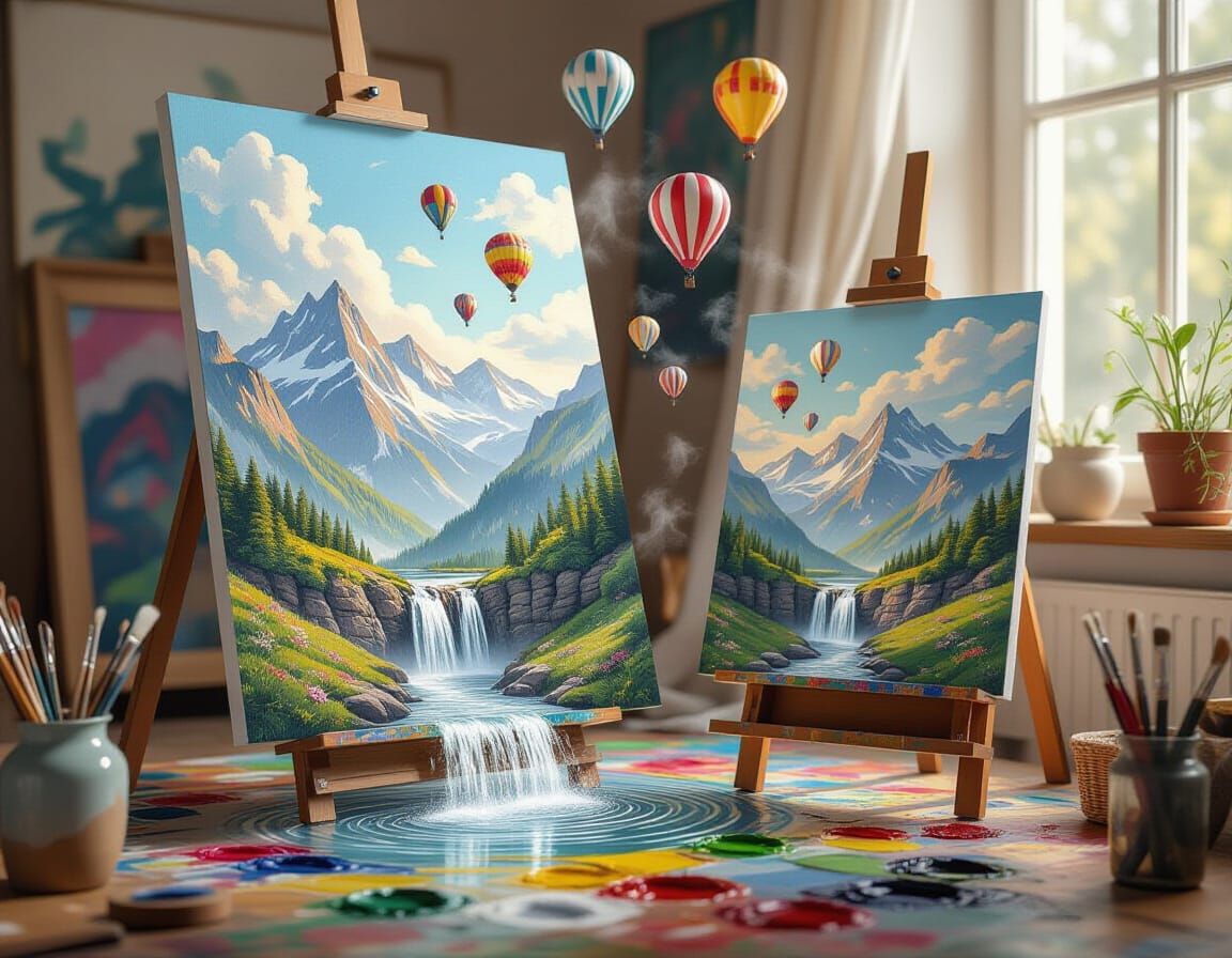 Mountain Valley Painting Floods Studio With Mist Hot Air Bal...