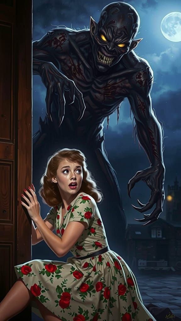 Terrified Woman and Grotesque Monster in Digital Painting