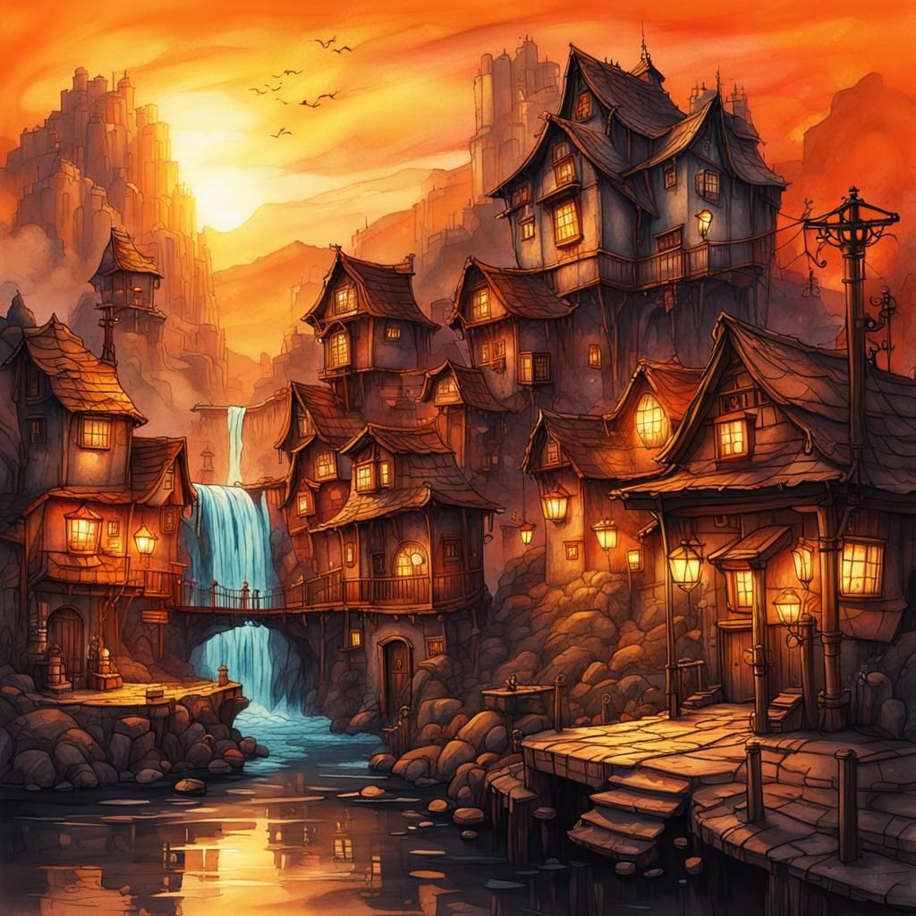 Steampunk Waterfall Village at Sunset in Ink Painting Style
