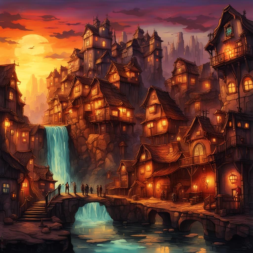 Waterfall Village Sunset in Steampunk Ink Painting Style