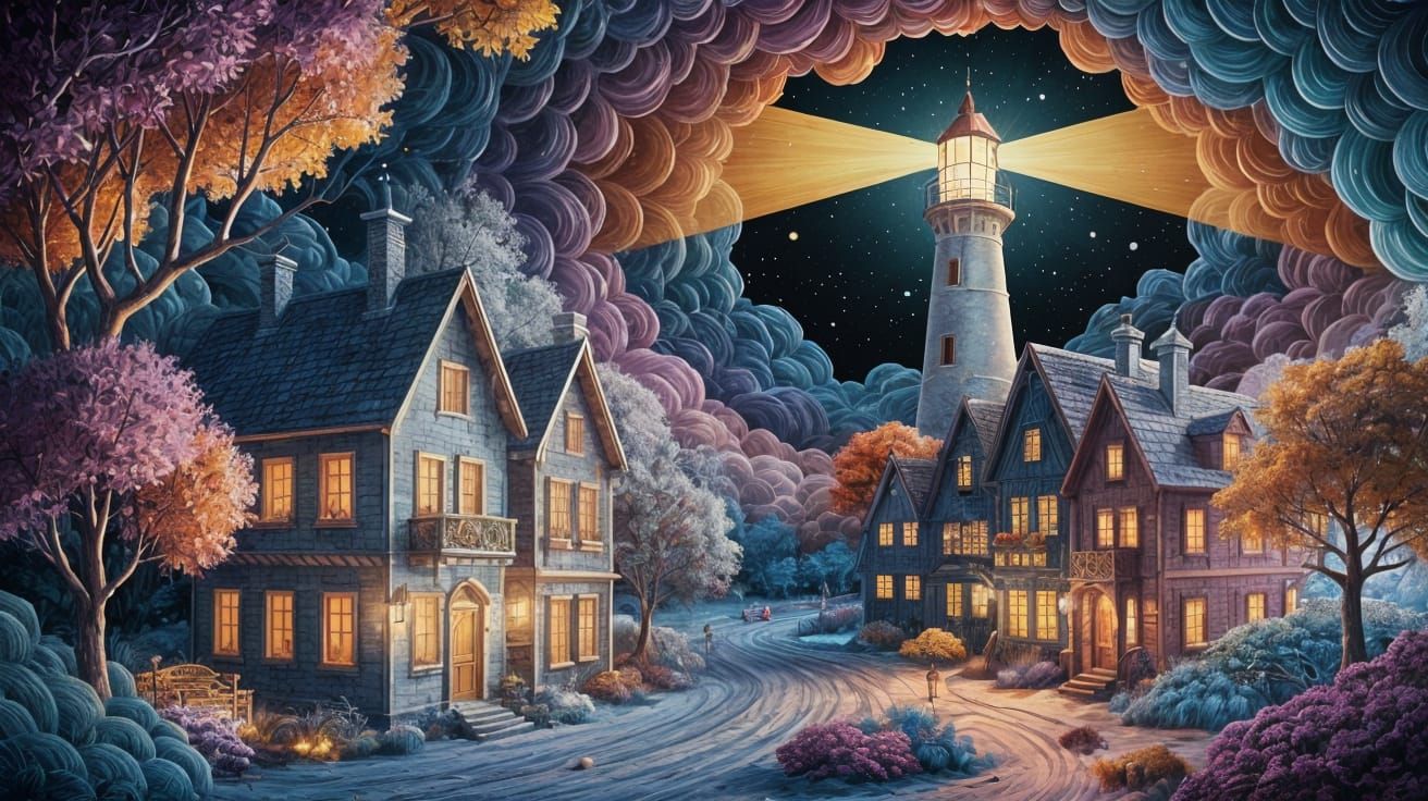 Magical Night Village with Paper-Cut Trees