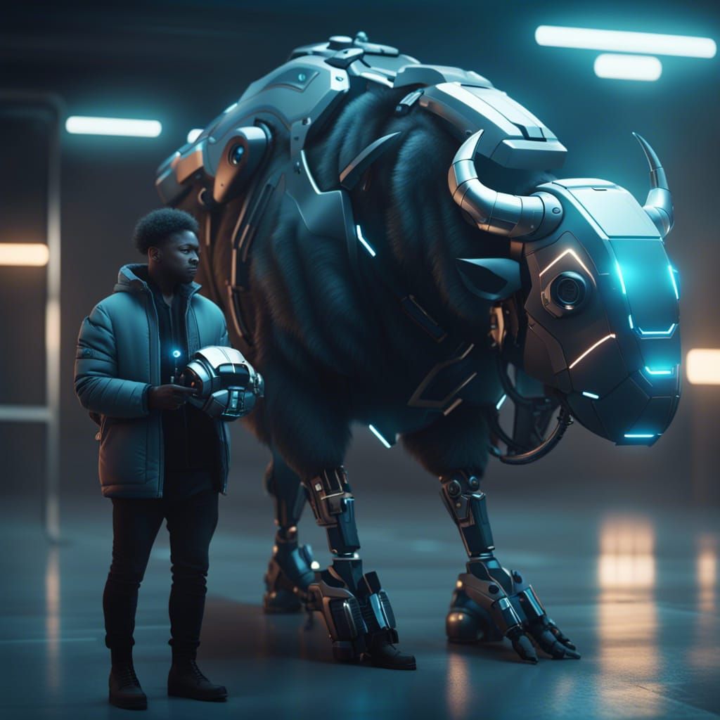 Futuristic Human and Robotic Buffalo in Mecha Style