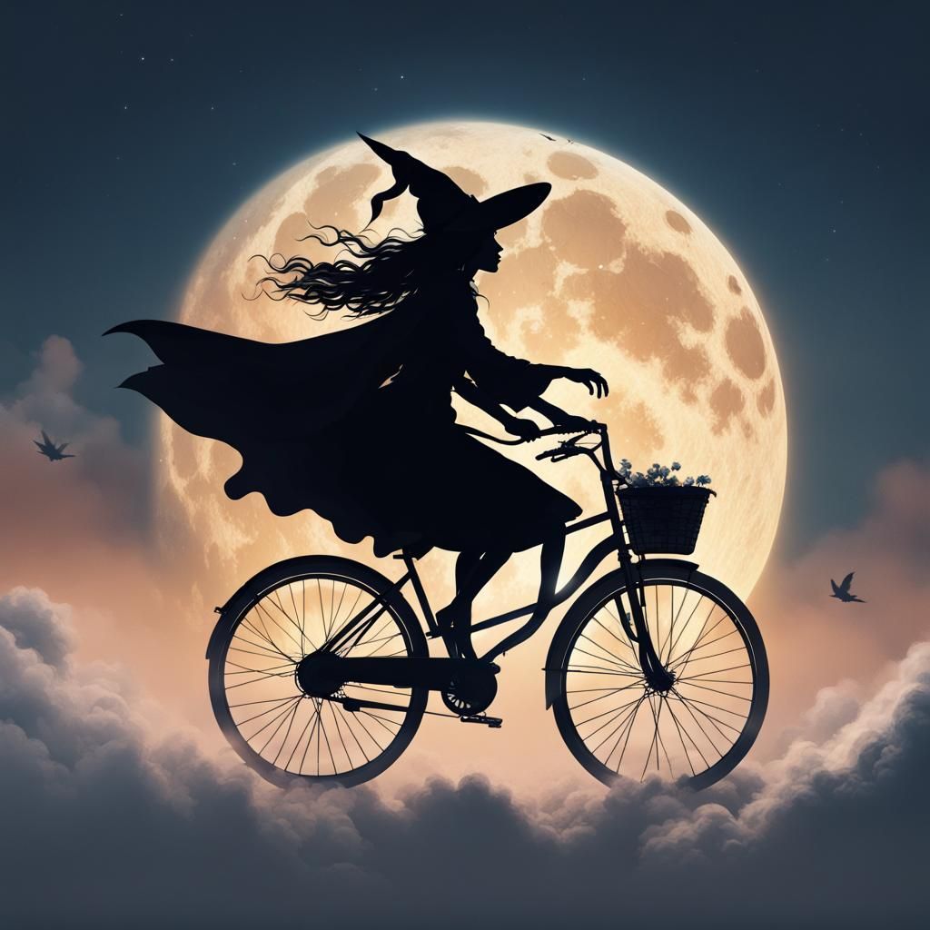 Witch on Bicycle Silhouette Under Blue Moon
