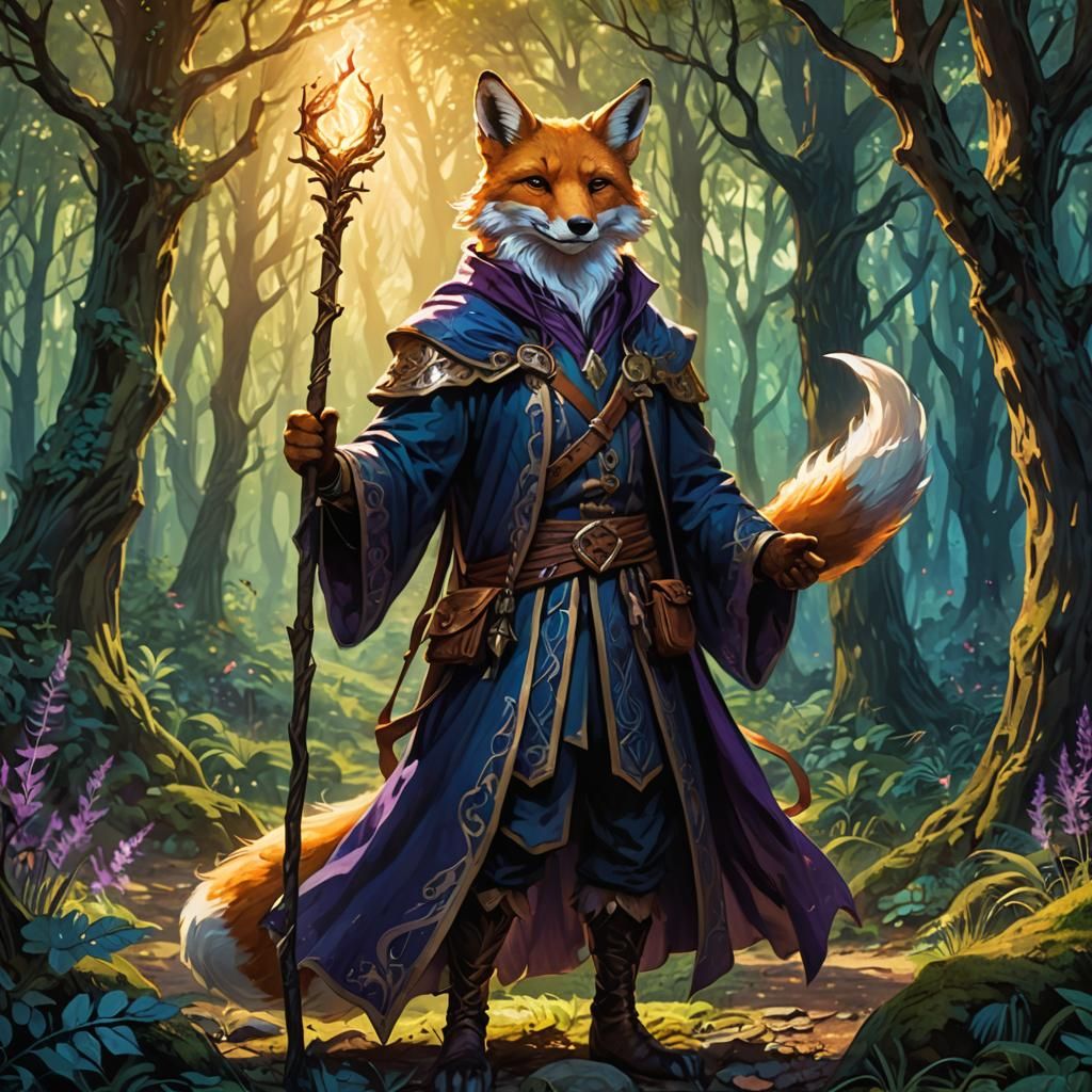 Fox-Man Mage in Mystical Forest: Fantasy Art