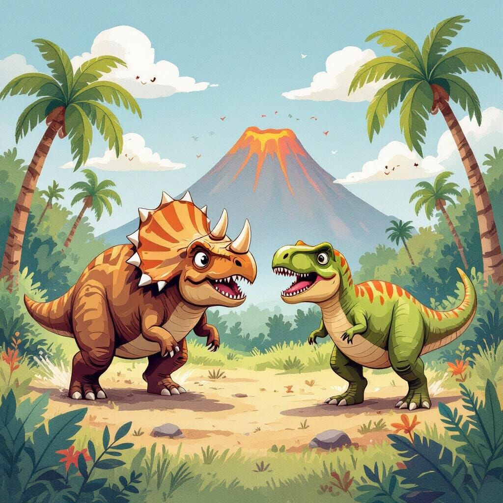 Triceratops Charges T-Rex: Children's Book Illustration
