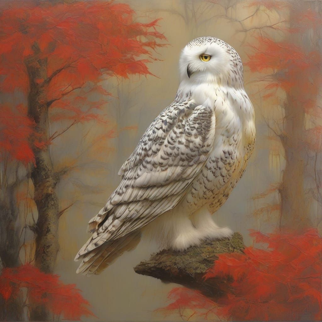 Surreal Winter Landscape with Snowy Owl in Vibrant Impressio...