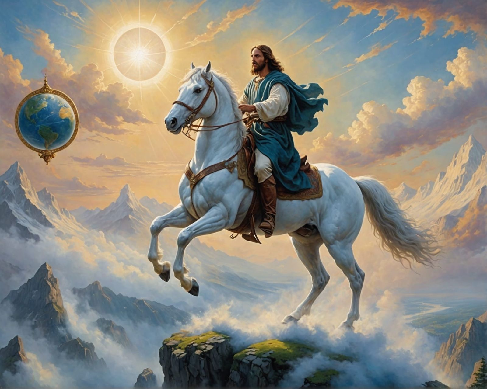 Jesus on White Stallion: Ethereal Oil Painting