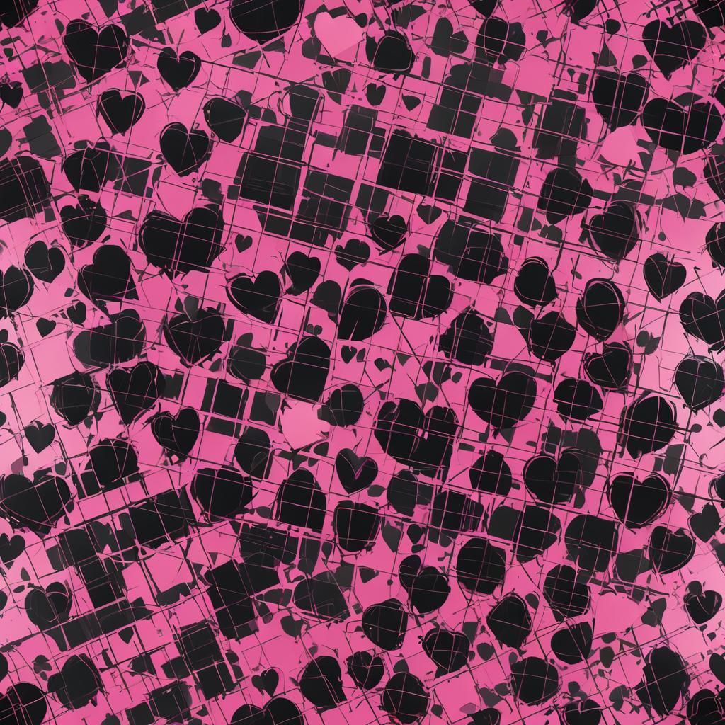 Pink and Black Plaid Heart Pattern in Matte Painting Style