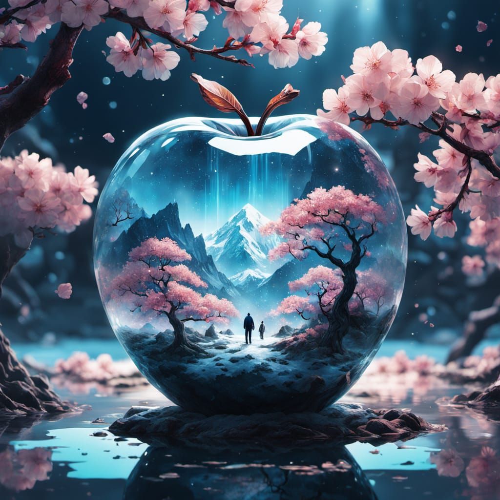 Crystal Apple: Bioluminescent Cherry Blossom Fantasy Artwork