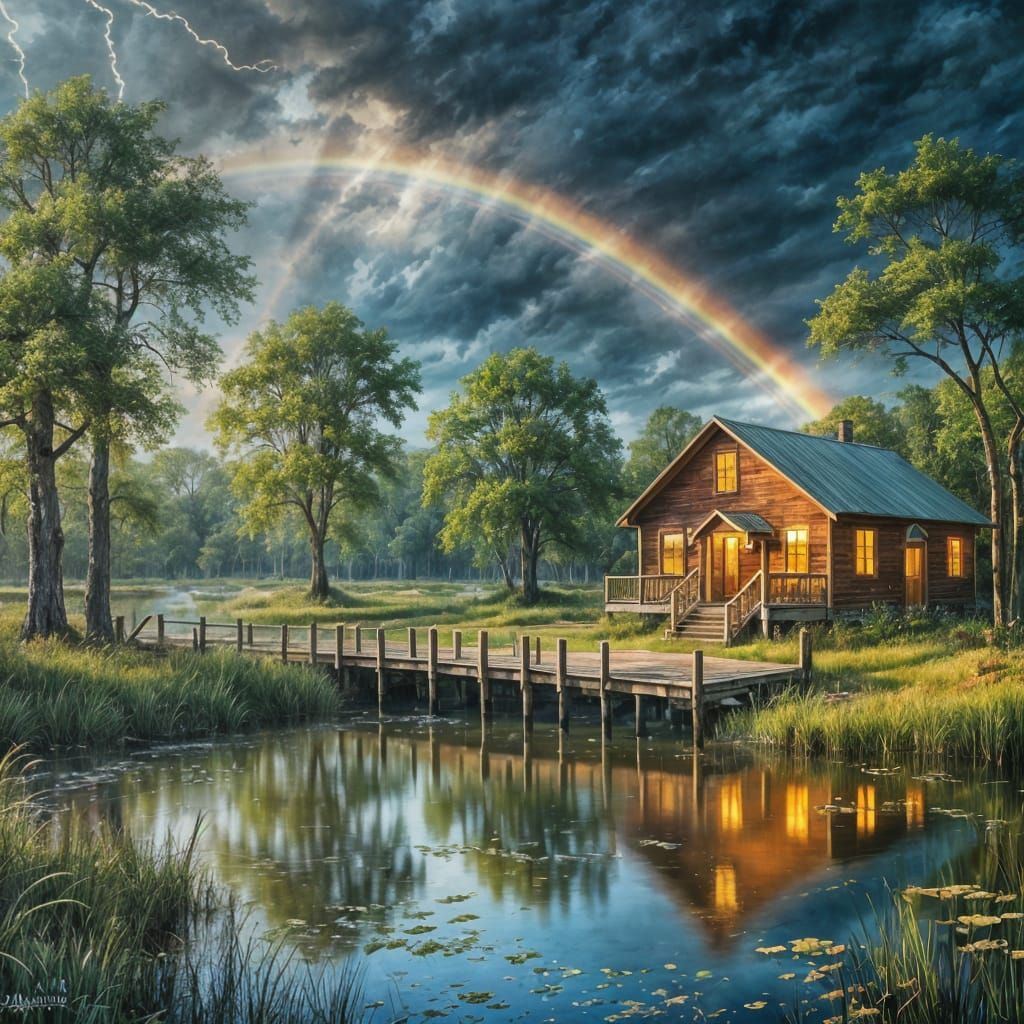 Louisiana Bayou Cabin: An Oil Painting in Golden Hour