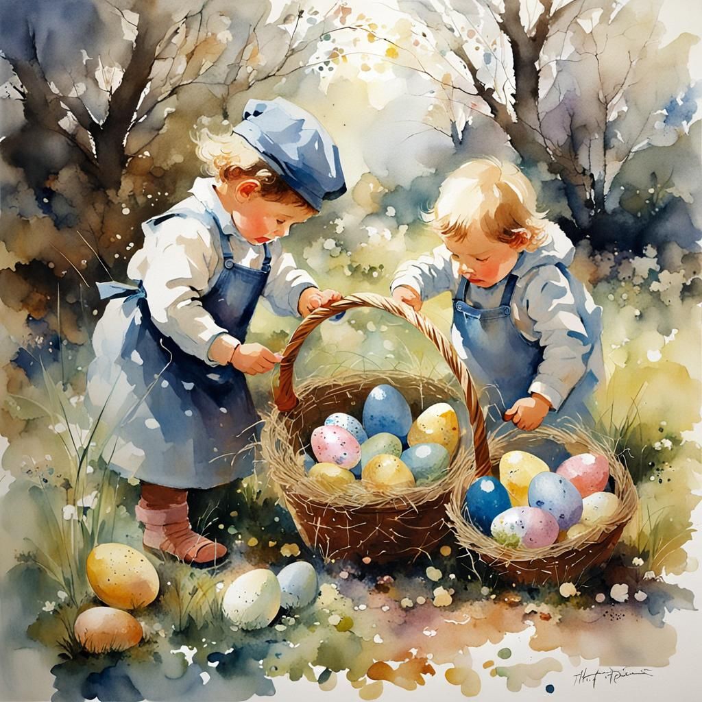 Toddlers' Easter Egg Hunt: Intricate Watercolor Art