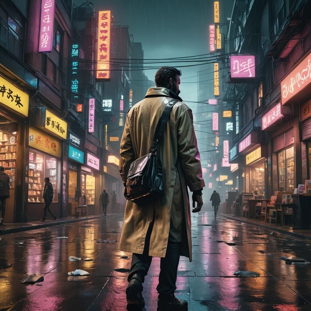 Cyberpunk Cityscape at Dusk with Figure in Beige Coat