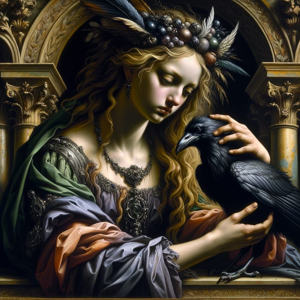 Gothic Norse Goddess with Raven, in Baroque Oil Painting Sty...