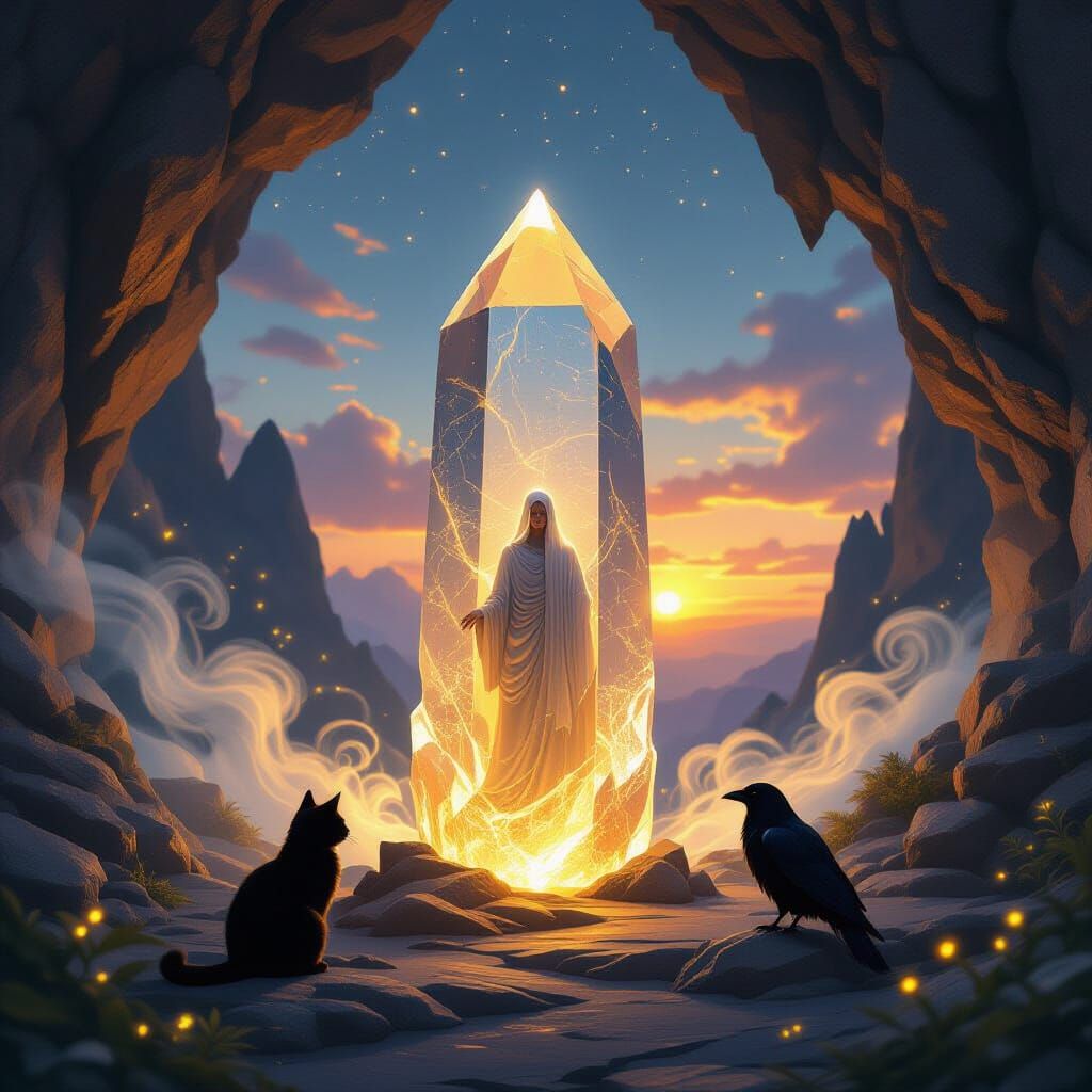Divine Being in Crystal Cave With Cat and Raven