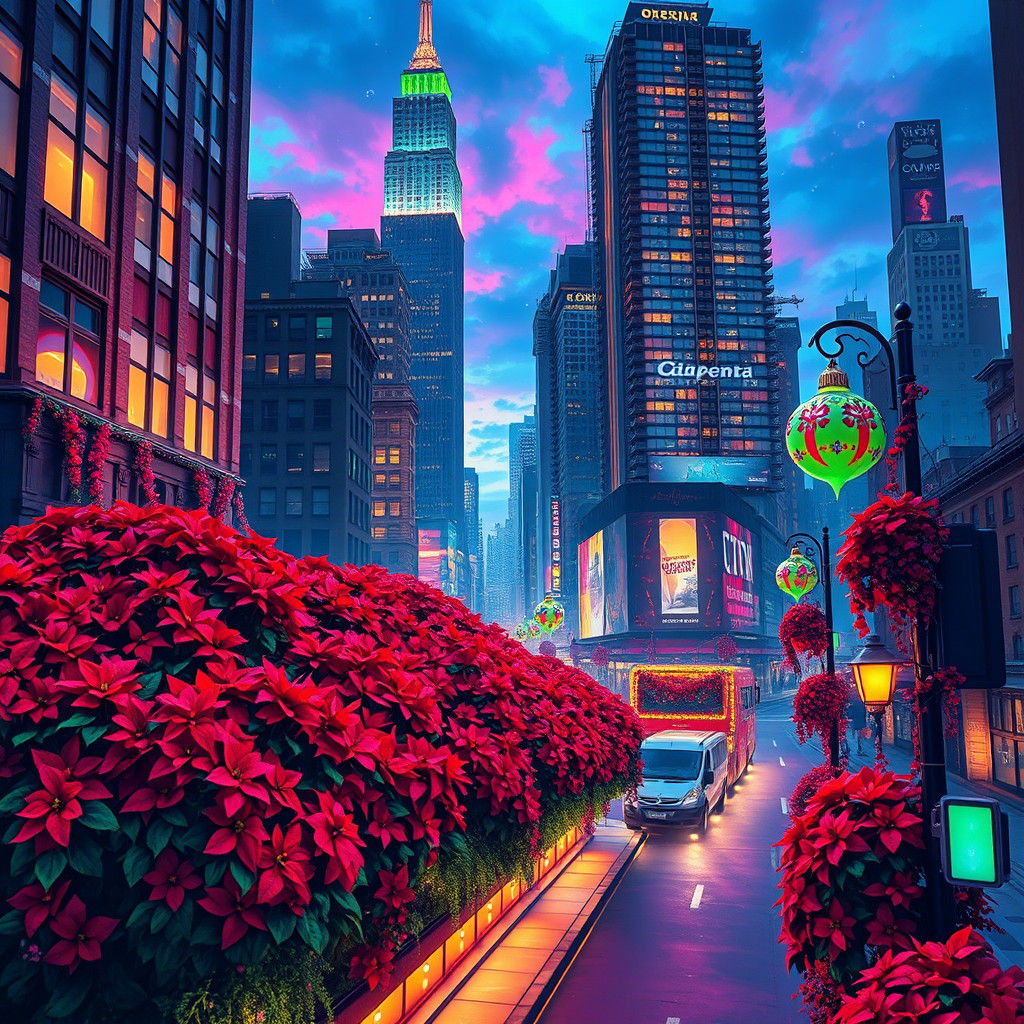 Christmas Cityscape with Rainbow Poinsettias, Digital Art