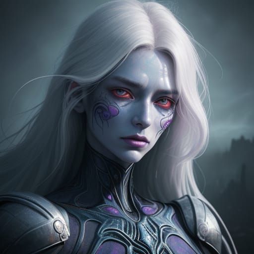 Mysterious Crimson Goddess with Insectoid Wings