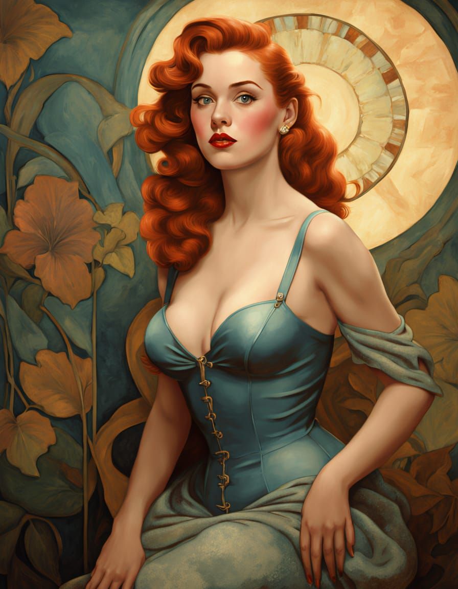 Redhead Pin-Up in Art Nouveau-Tonalist Fusion