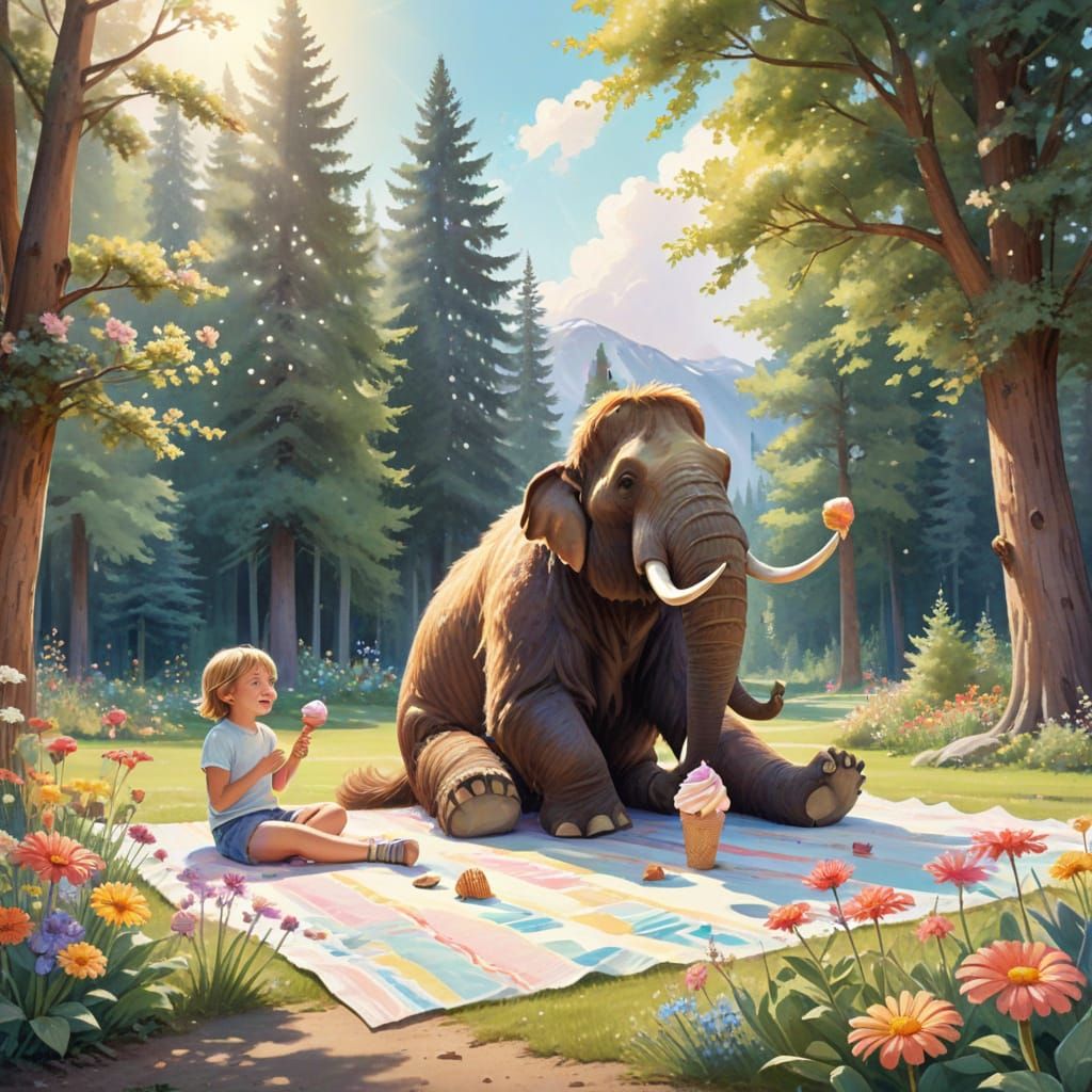 Whimsical Mammoth and Child Share Ice Cream