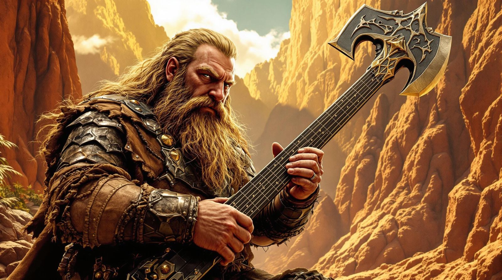 Gimli the Dwarf Plays Axe-Shaped Guitar in Rocky Landscape