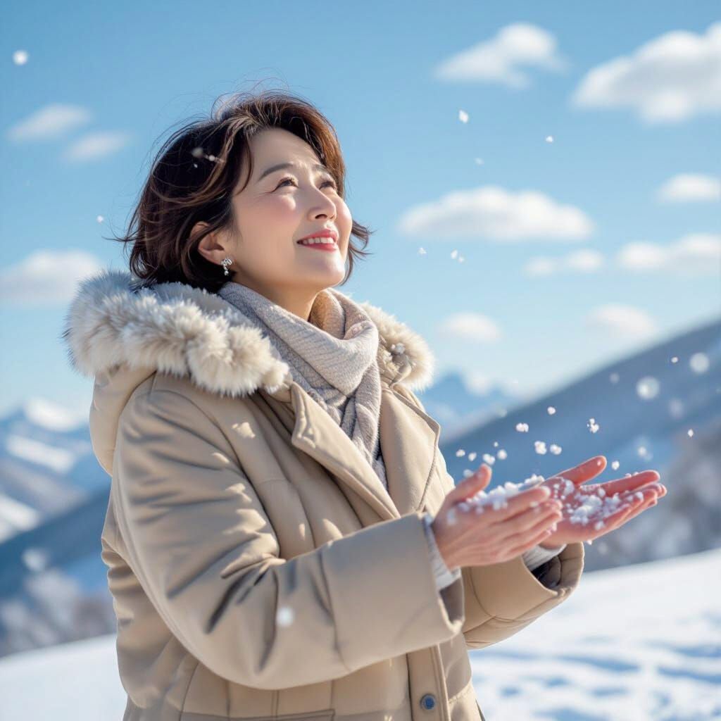 Serene Snowy Day: Oriental Lady in Impressionistic Style