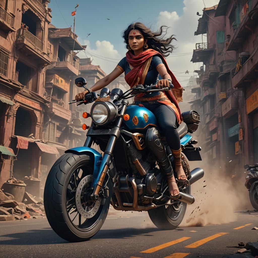 Indian Woman on Motorcycle: Detailed Matte Painting