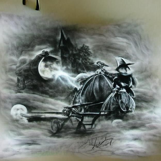 Witch Rides Broom in Charcoal Drawing